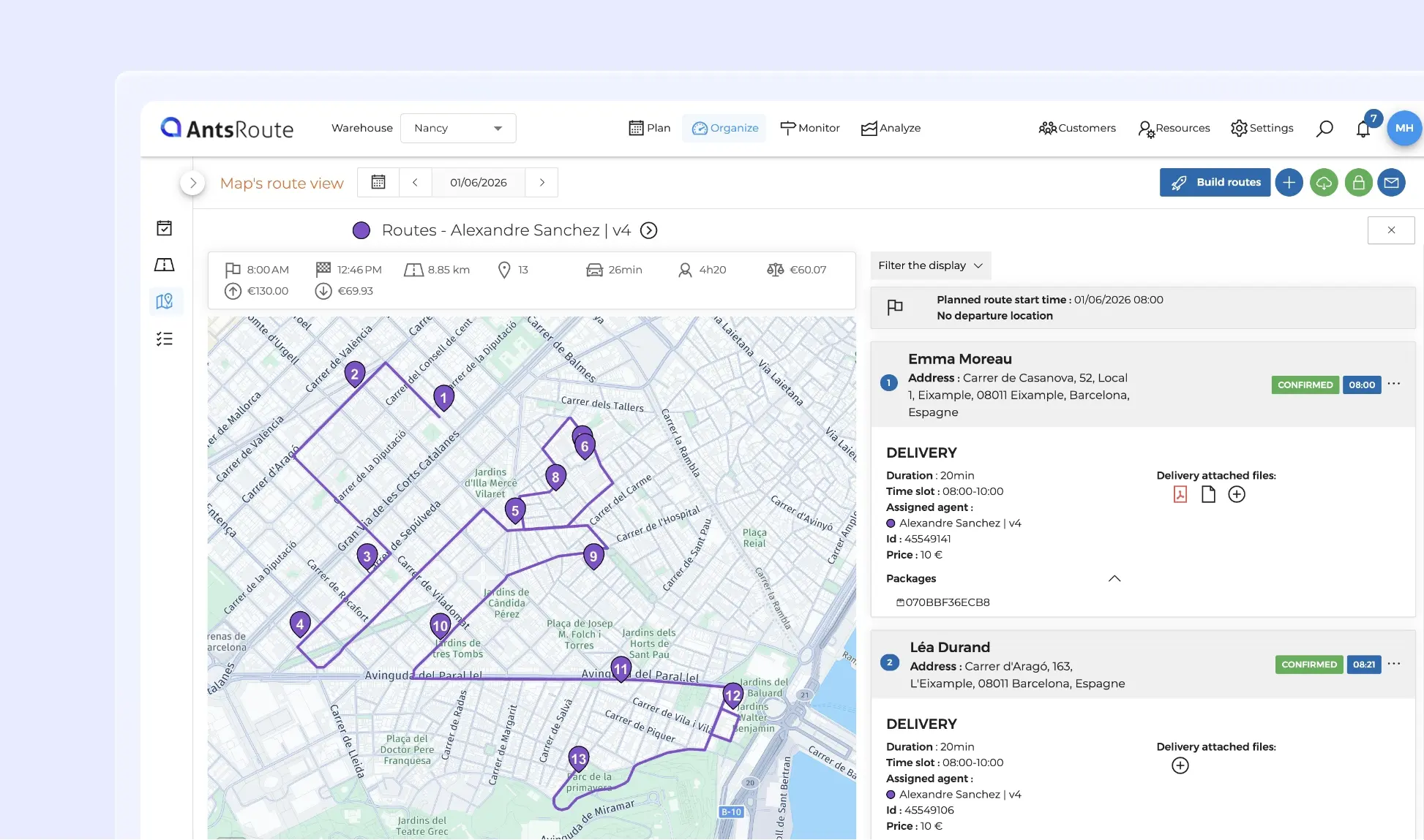 Screenshot of the AntsRoute interface displaying an optimised delivery route on a map of Barcelona. The route includes multiple numbered stops connected by a purple itinerary, while a side panel details scheduled deliveries, time slots, assigned drivers, and customer information.