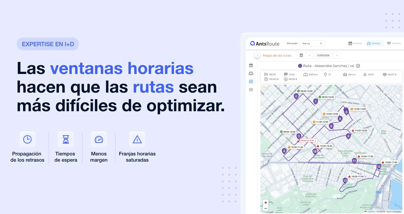Banner de AntsRoute con el título «Las ventanas horarias hacen que las rutas sean más difíciles de optimizar.». A la derecha, un mapa de rutas muestra varias paradas con franjas horarias, alertas de retraso y márgenes de tiempo reducidos. Debajo del título, cuatro iconos ilustran la propagación de los retrasos, los tiempos de espera, la desaparición de los márgenes y la saturación de las franjas horarias.