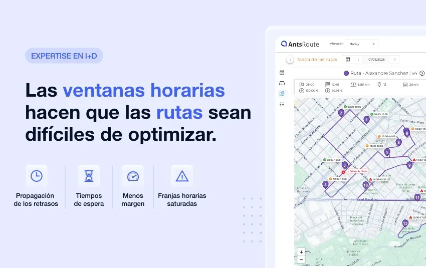Versión responsive de un banner de AntsRoute sobre las restricciones de las ventanas horarias en la optimización de rutas. El visual muestra un mapa con una ruta densa, varias franjas horarias, alertas de retraso e indicadores de presión temporal. Los iconos destacan la propagación de los retrasos, los tiempos de espera, la reducción de los márgenes y la saturación de las franjas horarias.