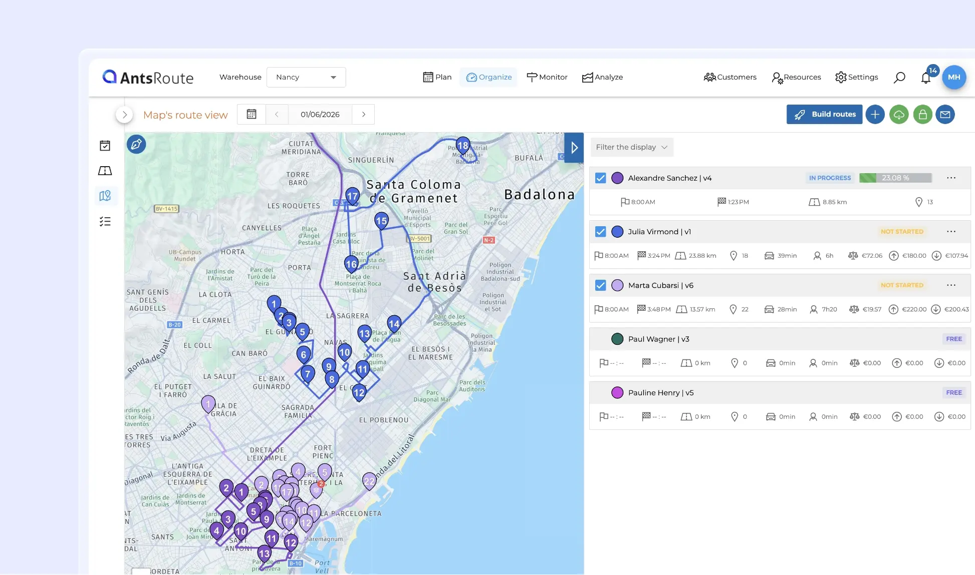 AntsRoute interface displaying multiple routes on a map of Barcelona alongside a list of field agents and their operational metrics, used to analyse and rebalance routes.